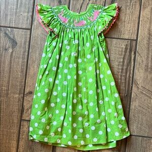 Vibrant Green Polka Dot Kids Dress with Smocked Whales